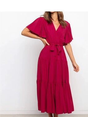 Flutter-Sleeve Magenta Tiered Maxi Dress with Tie Waist